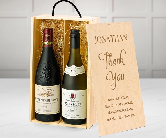 Thank You Premium French Red & White Wine Gift Box With Engraved Personalised Lid